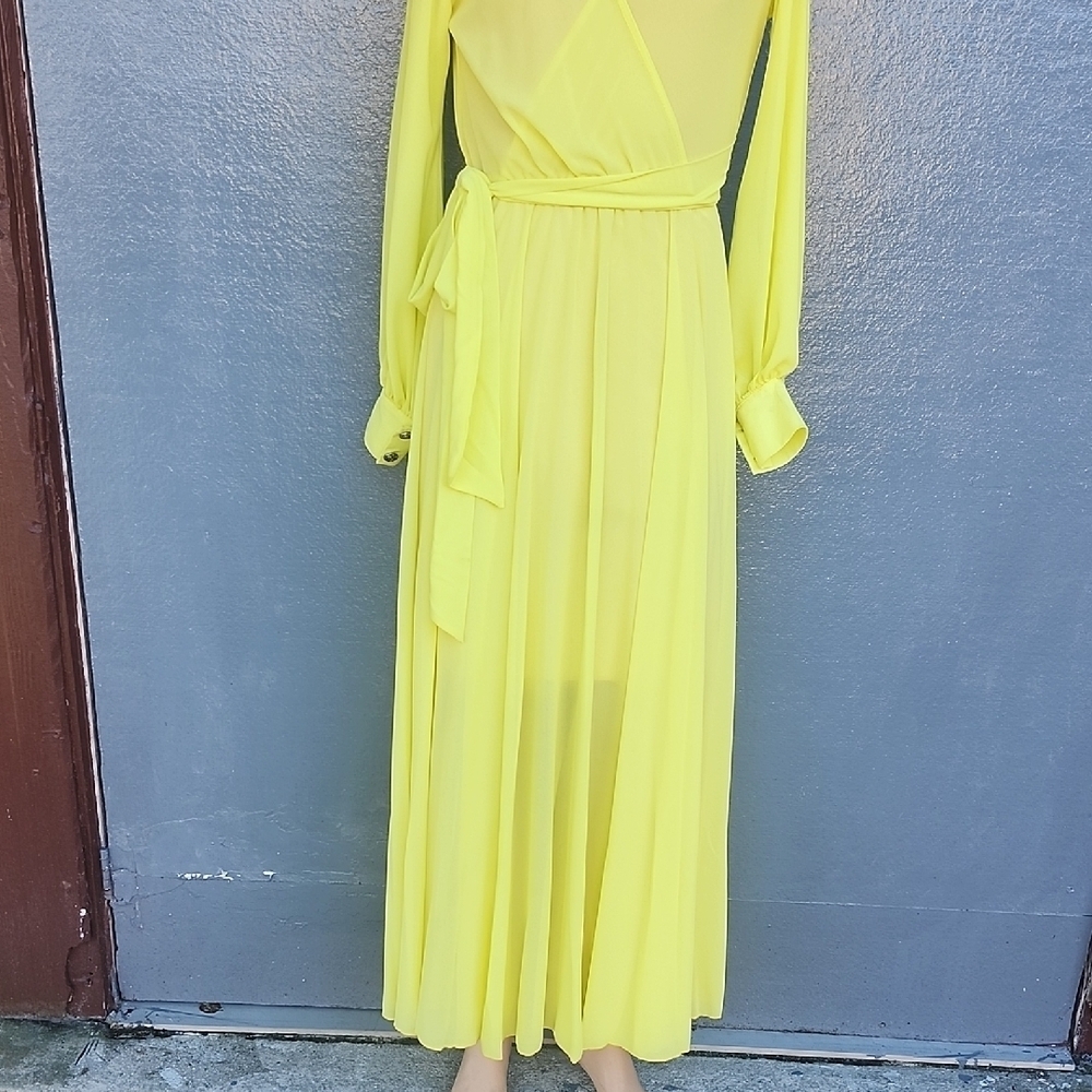 Vintage Bohemian Neon Elegant Long Sleeve Yellow Wrap Dress - Picture 4 of 11